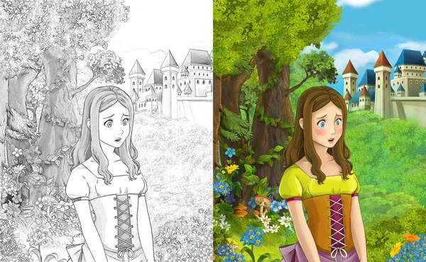 卡通场景与美丽的公主站在森林附近的城堡 与着色页 插图为儿童 — 图库照片
