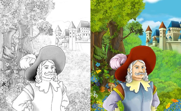 卡通场景与王子或国王附近的雄伟城堡例证为孩子 — 图库照片