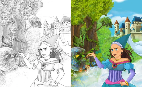卡通场景与美丽的公主站在森林附近的城堡 与着色页 插图为儿童 — 图库照片