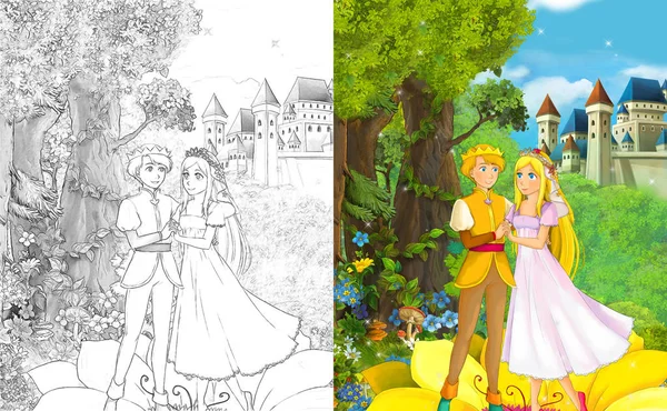 Scène Dessin Animé Avec Heureux Jeune Garçon Fille Princesse Prince — Photo