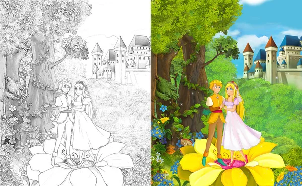 卡通场景与快乐的年轻男孩和女孩 公主和王子站在城堡附近 与着色页 插图为儿童 — 图库照片