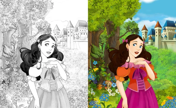 sahne çocuklar için Kalesi - boyama sayfası - illüstrasyon yakınındaki ormanda güzel prenses konumu olan çizgi film