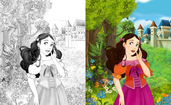 Escena Dibujos Animados Con Hermosa Princesa Pie Bosque Cerca Del — Foto de Stock