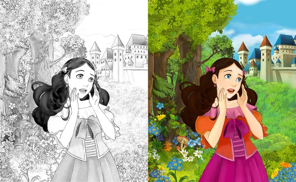 sahne çocuklar için Kalesi - boyama sayfası - illüstrasyon yakınındaki ormanda güzel prenses konumu olan çizgi film