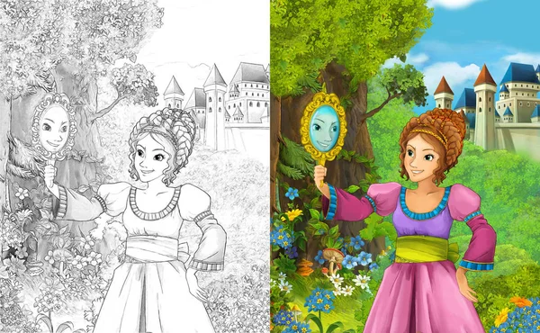 sahne çocuklar için Kalesi - boyama sayfası - illüstrasyon yakınındaki ormanda güzel prenses konumu olan çizgi film