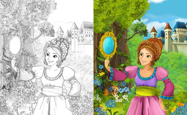 Cartoon Scen Med Vacker Prinsessa Stående Skogen Nära Slottet Med — Stockfoto