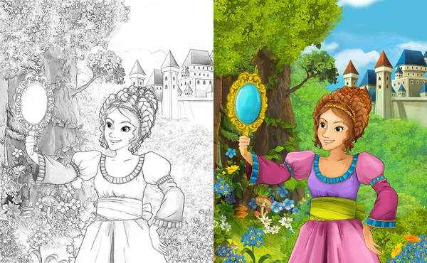 cartoon scene with beautiful princess standing in the forest near the castle - with coloring page - illustration for children