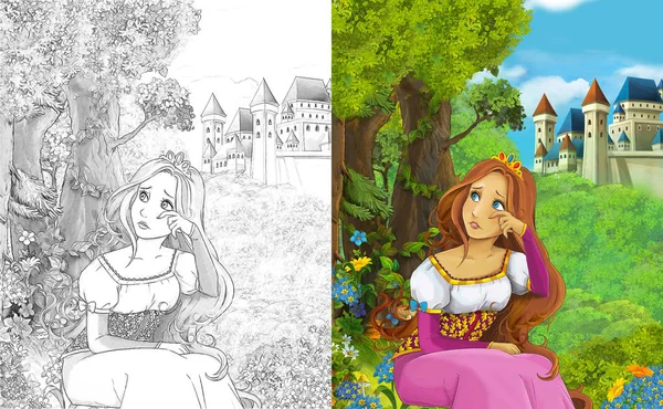 Cartoon Scene Beautiful Princess Standing Forest Castle Coloring Page Illustration — Stock Photo, Image