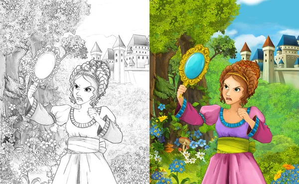 漫画の子供の城 ぬりえページ イラストの近くの森に佇む美しいお姫様とのシーン — ストック写真