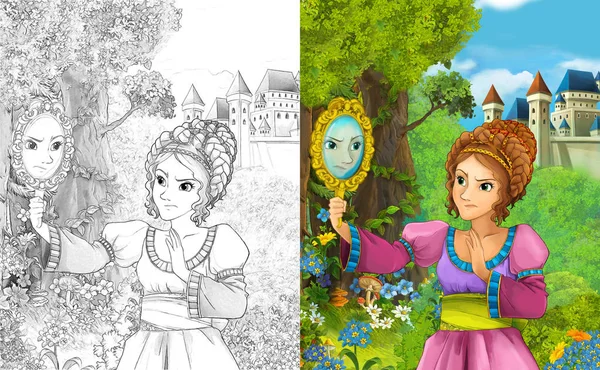 Escena Dibujos Animados Con Hermosa Princesa Pie Bosque Cerca Del — Foto de Stock