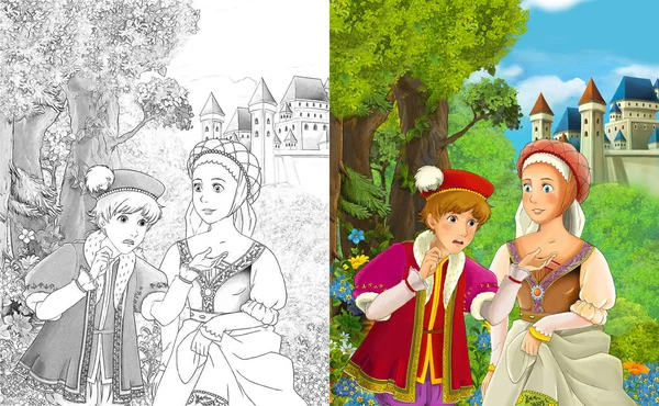 Kreslený Scény Šťastný Mladý Chlapec Dívka Princezna Princ Stál Hrad — Stock fotografie
