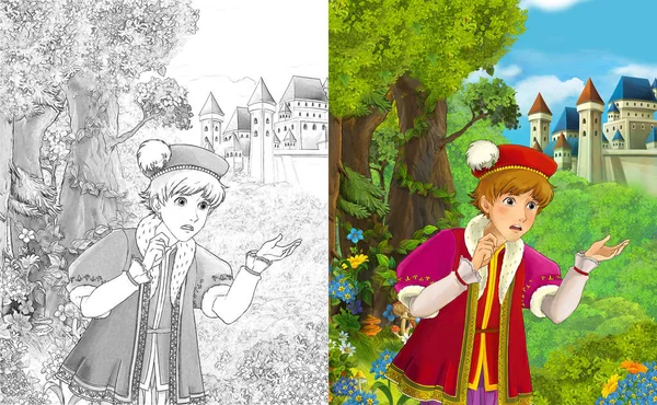 卡通场景与王子或国王附近的雄伟城堡例证为孩子 — 图库照片