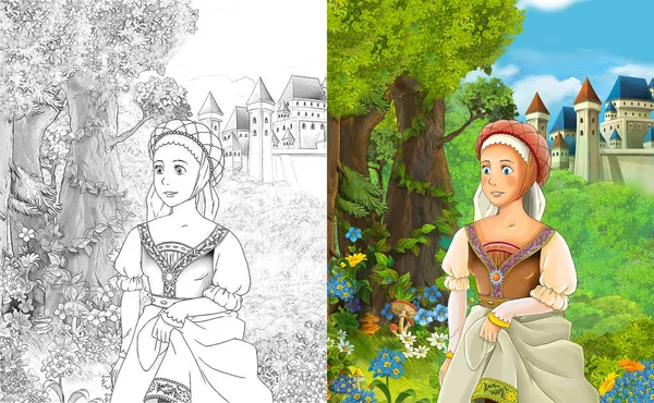 Cartoon Scen Med Vacker Prinsessa Stående Skogen Nära Slottet Med — Stockfoto