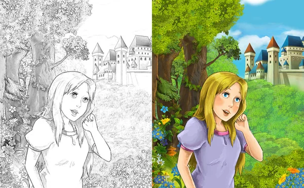 cartoon scene with beautiful princess standing in the forest near the castle - with coloring page - illustration for children