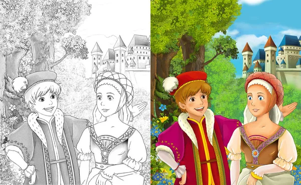 çizgi film sahne prens ya da çocuklar için görkemli kale illüstrasyon yakınındaki Kral ile 