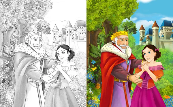cartoon scene with happy young boy and girl - princess and prince standing near the castle - with coloring page - illustration for children