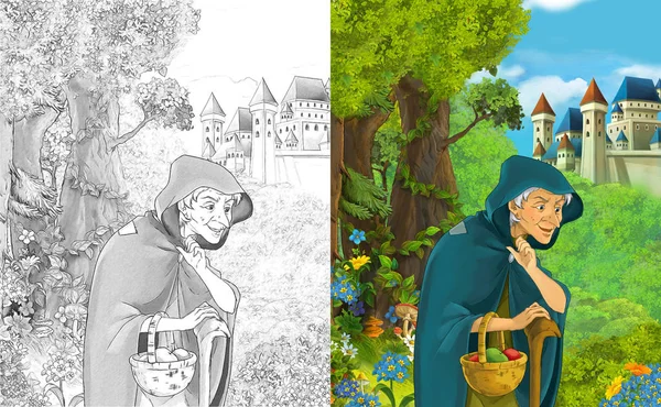 Cartoon Scen Witholder Kvinna Eller Häxa Nära Vackra Majestätiska Slott — Stockfoto