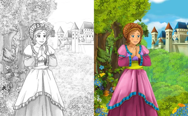 Scène Dessin Animé Avec Belle Princesse Debout Dans Forêt Près — Photo