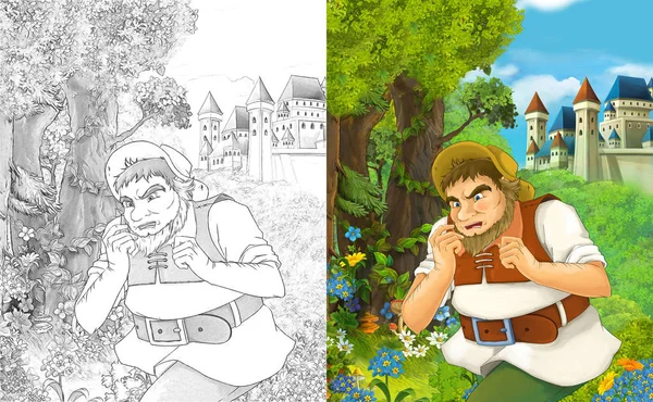 kale yakınında seyahat çiftçi ile karikatür sahnesi - çocuklar için illüstrasyon