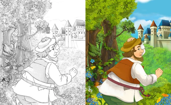 Scène Dessin Animé Avec Fermier Voyageant Près Château Illustration Pour — Photo