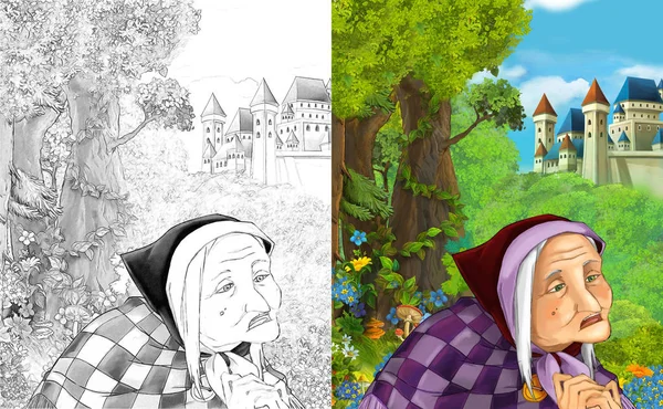 sahne witholder kadın karikatür veya çocuklar için güzel görkemli Kalesi - artisric - sayfa boyama illüstrasyon yakınındaki cadı