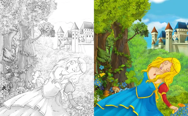 Σκηνή Όμορφη Πριγκίπισσα Στέκεται Στο Δάσος Κοντά Στο Κάστρο Χρωματισμός — Φωτογραφία Αρχείου