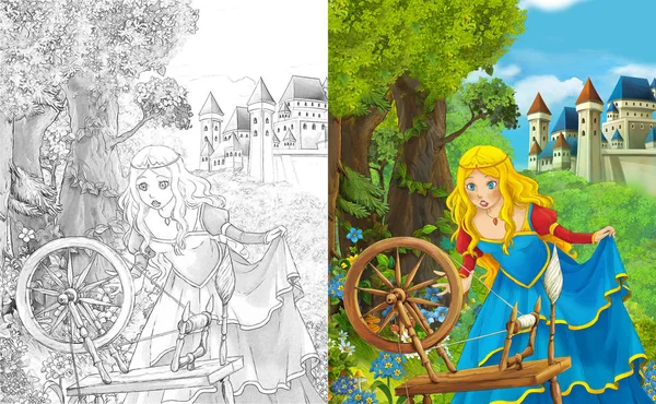 Cartoon Scene Beautiful Princess Standing Forest Castle Coloring Page Illustration — Stock Photo, Image