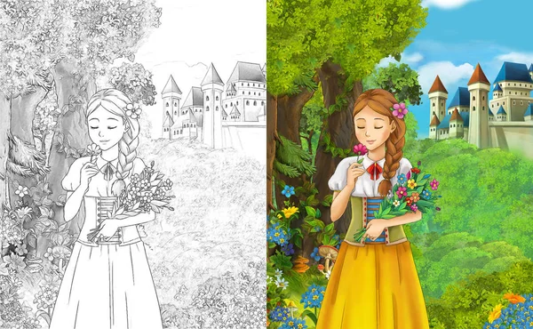 Escena Dibujos Animados Con Hermosa Princesa Pie Bosque Cerca Del —  Fotos de Stock