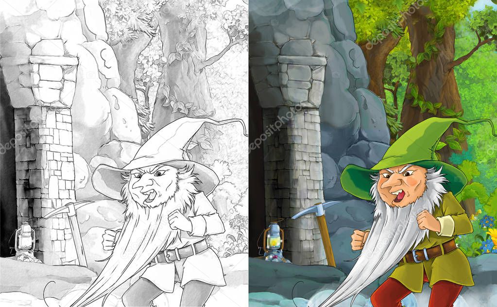 cartoon scene with miner dwarf in the forest near cave entrance way to the mine - illustration for children