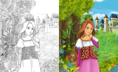 sahne çocuklar için Kalesi - boyama sayfası - illüstrasyon yakınındaki ormanda güzel prenses konumu olan çizgi film