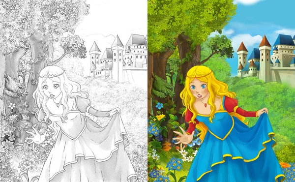 cartoon scene with beautiful princess standing in the forest near the castle - with coloring page - illustration for children