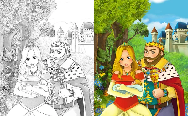 cartoon scene with happy young boy and girl - princess and prince standing near the castle - with coloring page - illustration for children
