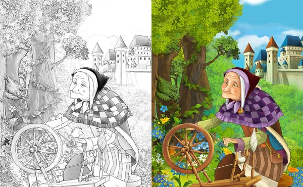 卡通场面 Witholder 妇女或巫婆在美丽的雄伟的城堡附近 Artisric 着色页 例证为孩子 — 图库照片