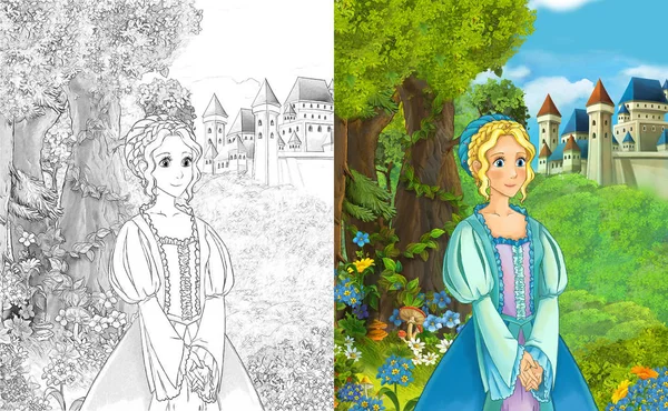 Cena Dos Desenhos Animados Com Bela Princesa Floresta Perto Castelo — Fotografia de Stock