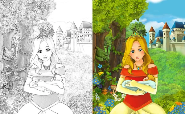 漫画の子供の城 ぬりえページ イラストの近くの森に佇む美しいお姫様とのシーン — ストック写真