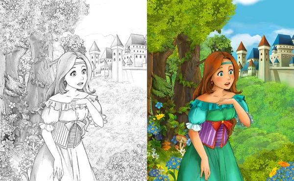 Cartoon Scen Med Vacker Prinsessa Stående Skogen Nära Slottet Med — Stockfoto