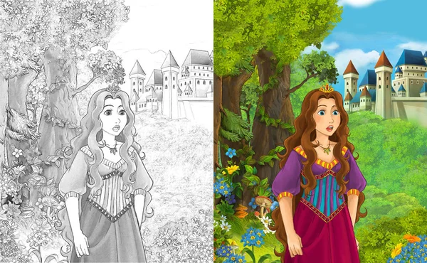 Scène Dessin Animé Avec Belle Princesse Debout Dans Forêt Près — Photo