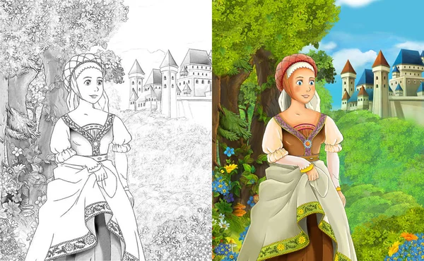 cartoon scene with beautiful princess standing in the forest near the castle - with coloring page - illustration for children