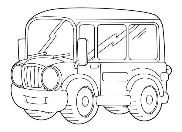 Komik Karikatür Otobüs Beyaz Arka Plan Üzerinde Vektör Boyama Sayfası — Stok Vektör