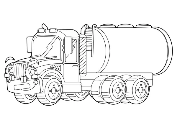 Dibujos Animados Camión Carga Feliz Con Tanque Página Para Colorear — Vector de stock