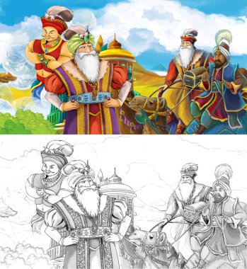 çizgi film sahne prens ya da deve ve uçan büyücü - illüstrasyon çocuklar için gezginler karşılaşma Arap castle yakınındaki seyahat Kral ile