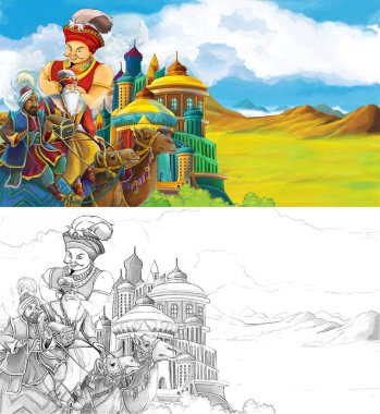 çizgi film sahne ile Prens ya da Arap Kalesi-illüstrasyon çocuklar için seyahat krallar