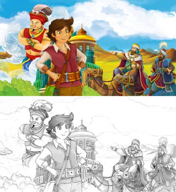 çizgi film sahne prens ya da deve ve uçan büyücü - illüstrasyon çocuklar için gezginler karşılaşma Arap castle yakınındaki seyahat Kral ile