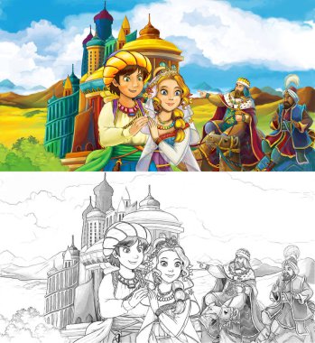çizgi film sahne prens ya da Kral Arap castle - çocuklar için illüstrasyon yakınındaki seyahat ile 