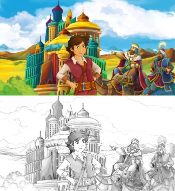 çizgi film sahne ile Prens ya da Arap Kalesi-illüstrasyon çocuklar için seyahat krallar