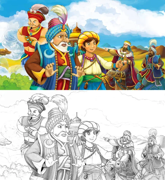 王子や王彼の息子またはアラビア城 子供のための図近くの友人と旅行の漫画シーン — ストック写真