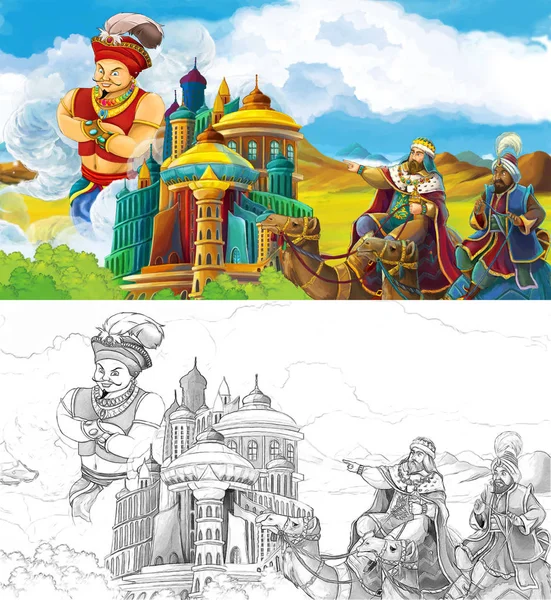 çizgi film sahne ile Prens ya da Arap Kalesi-illüstrasyon çocuklar için seyahat krallar