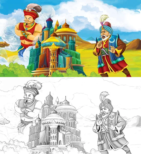 çizgi film sahne prens ya da Arap castle castle - illüstrasyon çocuklar için arkasında uçan dev cinler bakarak yakınındaki seyahat ile Kral ile