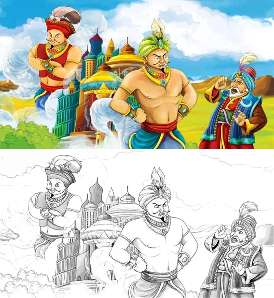 çizgi film sahne prens ya da Arap castle castle - illüstrasyon çocuklar için arkasında uçan dev cinlerden bakarak yakınındaki seyahat ile Kral ile