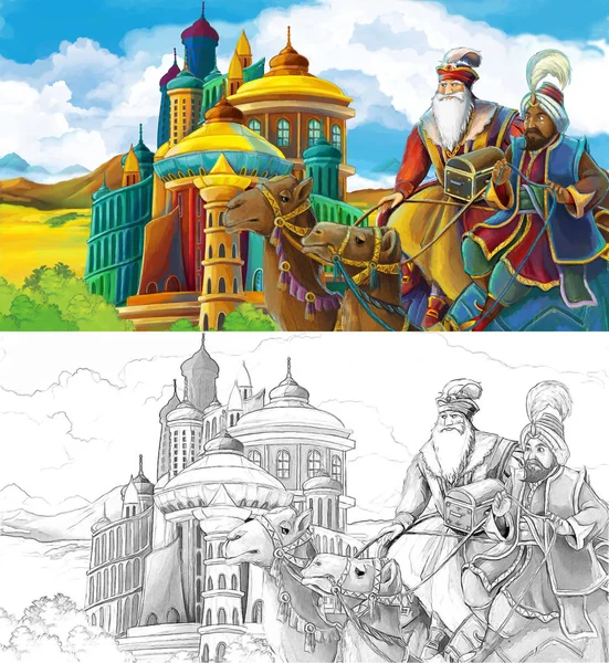 Cartoon Scene Princes Kings Traveling Arabian Castle Illustration Children — Stock Photo, Image